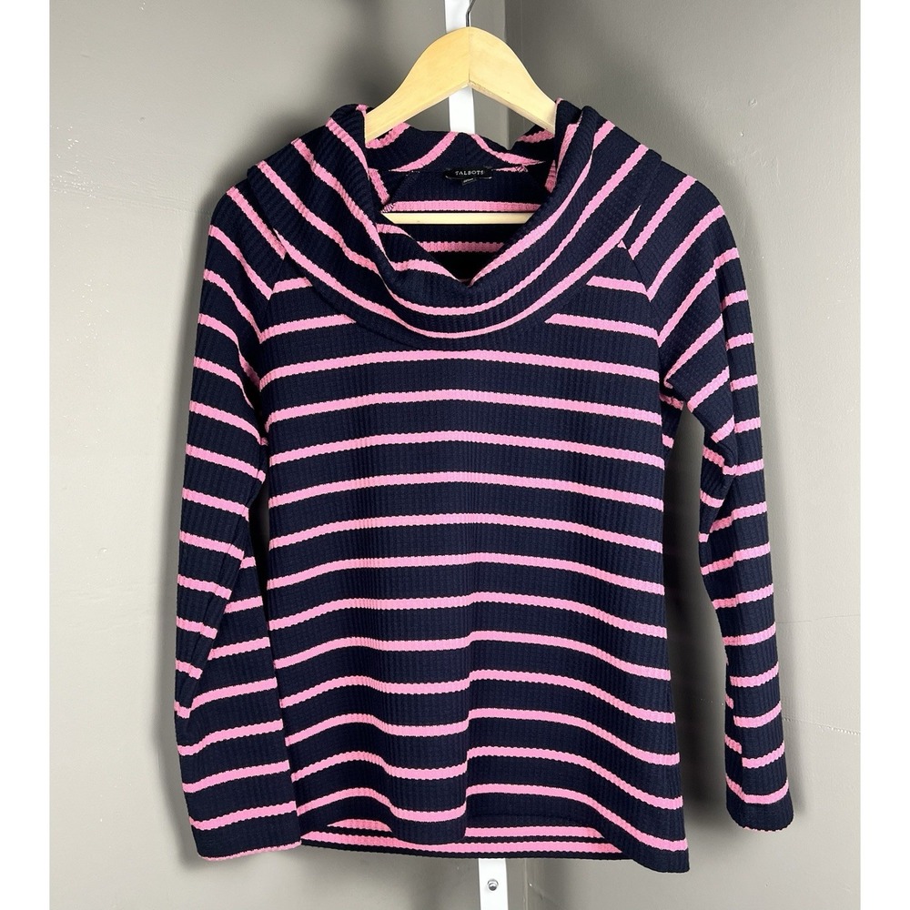 Talbots S Raglan Waffle Knit Cowlneck Tee in Navy & Pink Striped Women's Shirt